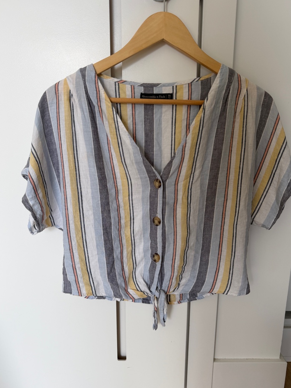 Abercrombie & Fitch Linen Striped Tie-Front Button Down Top